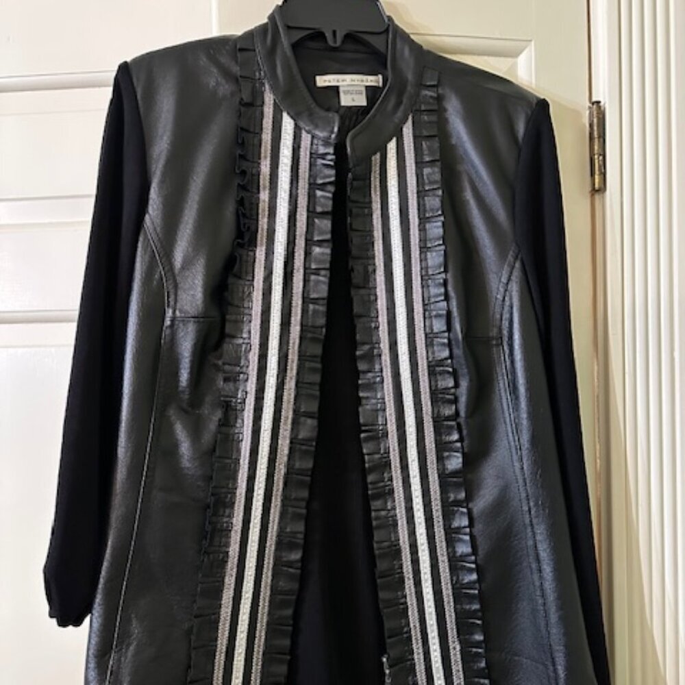 Peter Nygard Black Leather Jacket with Silver Trim